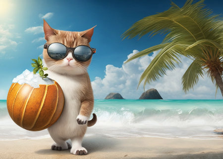 cute cat wearing glasses on the beach and holding a young coconut. summer photo concept. generative aiの素材