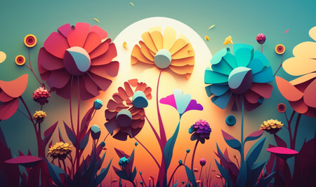 Colorful flowers and grass painted background. generative aiの素材