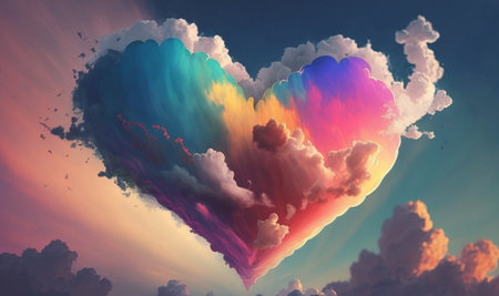 Huge rainbow heart in the sky with white clouds. Symbolic image of love. Generative AIの素材