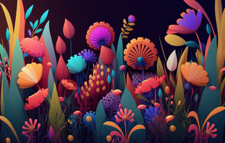 Colorful flowers and grass painted background. generative aiの素材