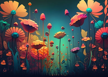 Colorful flowers and grass painted background. generative aiの素材
