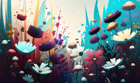 Colorful flowers and grass painted background. generative aiの素材