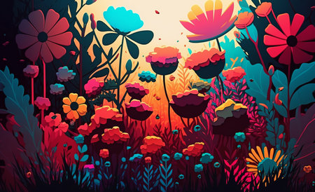 Colorful flowers and grass painted background. generative aiの素材