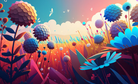 Colorful flowers and grass painted background. generative aiの素材