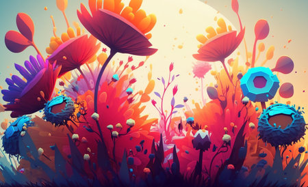 Colorful flowers and grass painted background. generative aiの素材