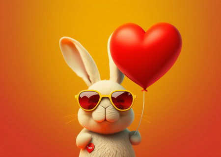 cute bunny wearing glasses and holding a heart shape balloon isolated on yellow background. generative AIの素材