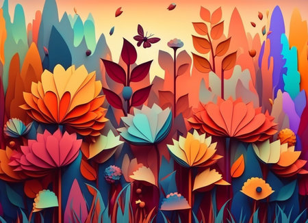 Colorful flowers and grass painted background. generative aiの素材