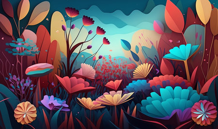 Colorful flowers and grass painted background. generative aiの素材