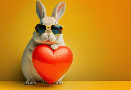 cute bunny wearing glasses and holding a heart shape balloon isolated on yellow background. generative AIの素材