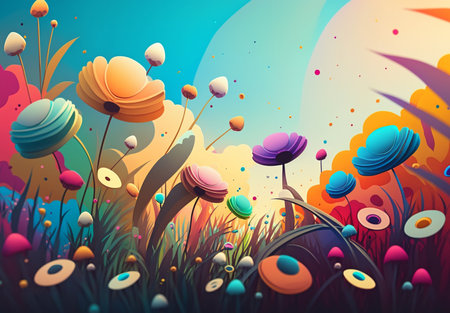 Colorful flowers and grass painted background. generative aiの素材