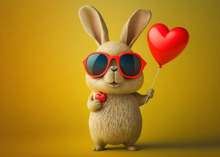 cute bunny wearing glasses and holding a heart shape balloon isolated on yellow background. generative AIの素材