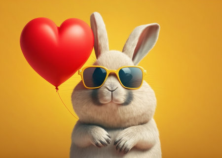 cute bunny wearing glasses and holding a heart shape balloon isolated on yellow background. generative AIの素材