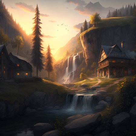 view of wooden house and waterfall with sunset. generative AIの素材