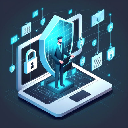 3D illustration of cyber online security with high-tech padlock protecting a laptop computer on a desk. generative AIの素材