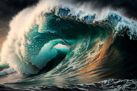 bubbling dark green breaking wave on sea in summer, created with generative aiの素材