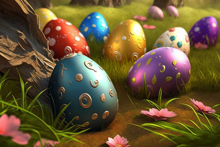 Easter eggs poster background for greeting celebrated in easter day. Generative AIの素材