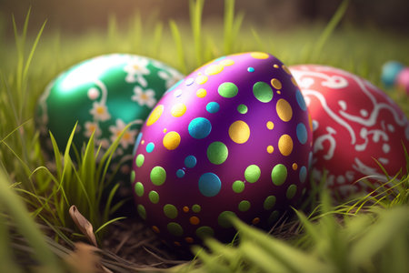 Easter eggs poster background for greeting celebrated in easter day. Generative AIの素材