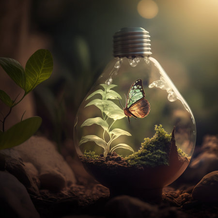 a glass ball with a tree inside on a green surface and butterflies fluttering around it. generative aiの素材