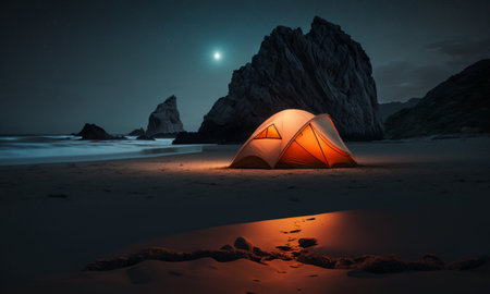Illuminated tent camping wild on the beach under the night sky, generative AI.の素材