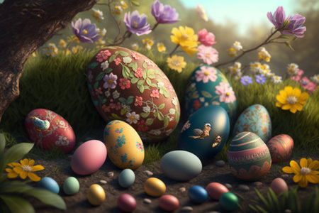 Easter eggs poster background for greeting celebrated in easter day. Generative AIの素材