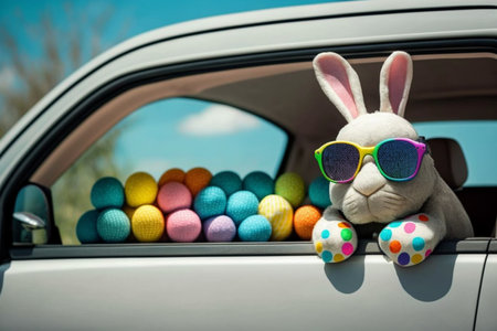 Cute Easter bunny in glasses looking out of a car filled with easter eggs, Generative AIの素材