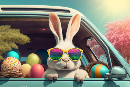 Cute Easter bunny in glasses looking out of a car filled with easter eggs, Generative AIの素材