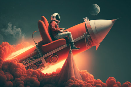 Spaceship pilot sitting on a rocket. Mixed media. Mixed mediaの素材