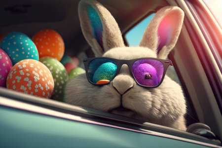 Cute Easter bunny in glasses looking out of a car filled with easter eggs, Generative AIの素材