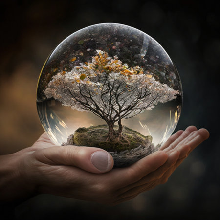 Holding tree in a ball with nature background, generative AIの素材
