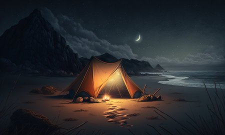 Illuminated tent camping wild on the beach under the night sky, generative AI.の素材
