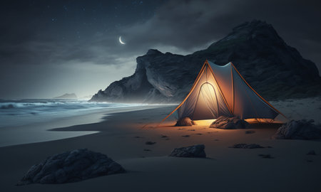 Illuminated tent camping wild on the beach under the night sky, generative AI.の素材