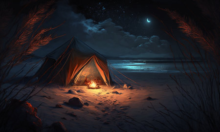 Illuminated tent camping wild on the beach under the night sky, generative AI.の素材