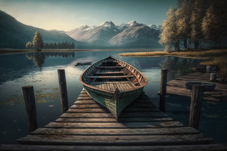 Wooden boat on the lake in the mountains. 3d renderingの素材