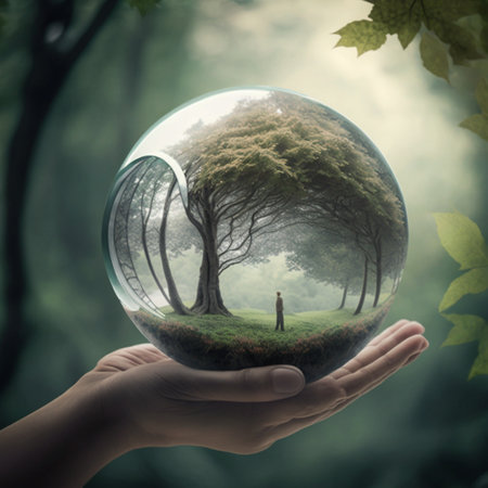 Holding tree in a ball with nature background, generative AIの素材