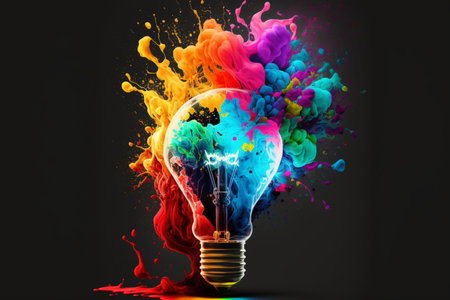 Colorful bulb lamp. Light bulb explodes with colorful paint and splashes isolated on black. Colours of life. Generative AI.の素材