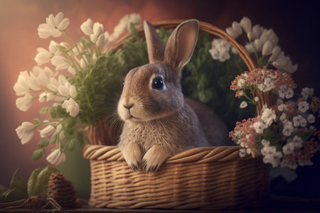 Rabbit in a basket with flowers on a dark background. Toned.の素材