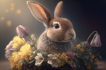 Rabbit and spring flowers on a dark background. Easter concept.の素材