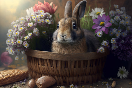 Rabbit and easter eggs in basket with flowers on wooden backgroundの素材