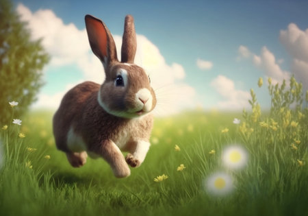 A bunny hopping through a field of daisies created with Generative AIの素材