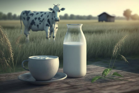 Glasses and fresh milk on a wooden table with cows on a meadow. generative AIの素材