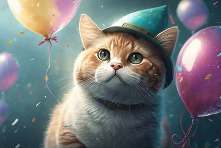 Illustration of a cute cat's birthday. With hat and balloon, generative AIの素材