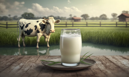 Glasses and fresh milk on a wooden table with cows on a meadow. generative AIの素材