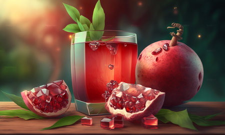 Healthy pomegranate drink in transparent glass near ripe pomegranate on wooden table with pomegranate tree background. generative AIの素材