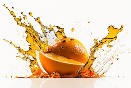 Orange slice with orange juice splash isolated on white background, Generative AIの素材