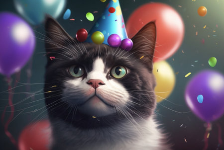 Illustration of a cute cat's birthday. With hat and balloon, generative AIの素材