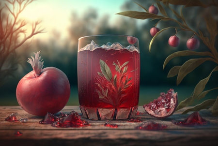 Healthy pomegranate drink in transparent glass near ripe pomegranate on wooden table with pomegranate tree background. generative AIの素材