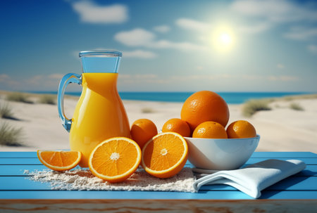 orange juice with fruit on wooden table with beach and hot sun as background. summer photo concept. generative AIの素材