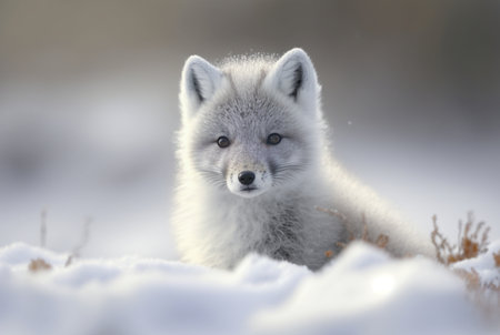Arctic fox pup (Vulpes Lagopus) in snow habitat, generative aiの素材