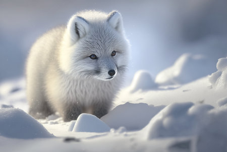 Arctic fox pup (Vulpes Lagopus) in snow habitat, generative aiの素材