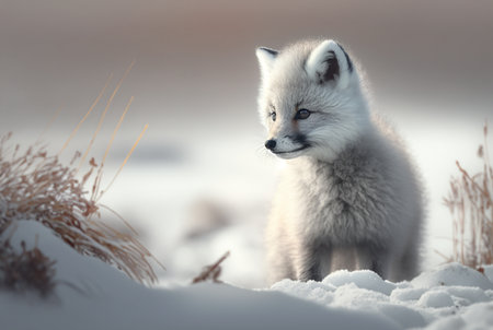 Arctic fox pup (Vulpes Lagopus) in snow habitat, generative aiの素材